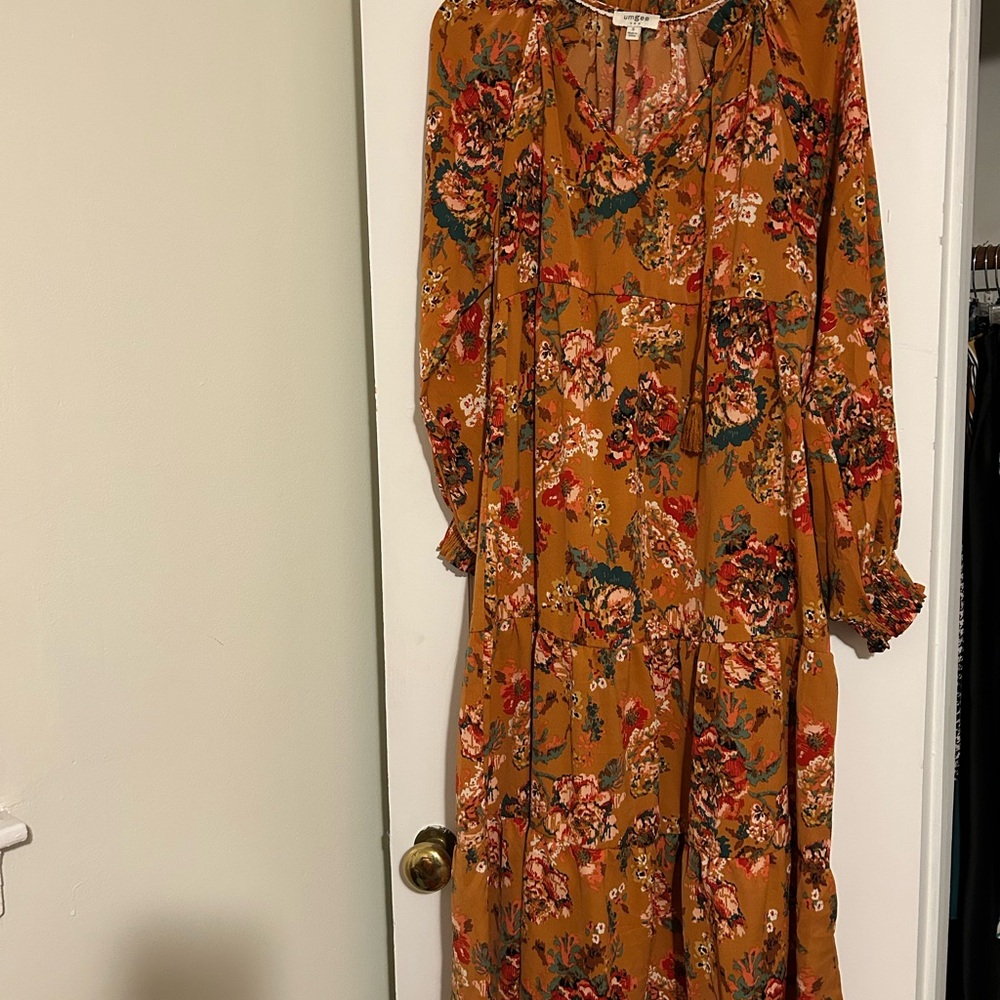 Umgee Floral Long Sleeve Dress in Orange and Red